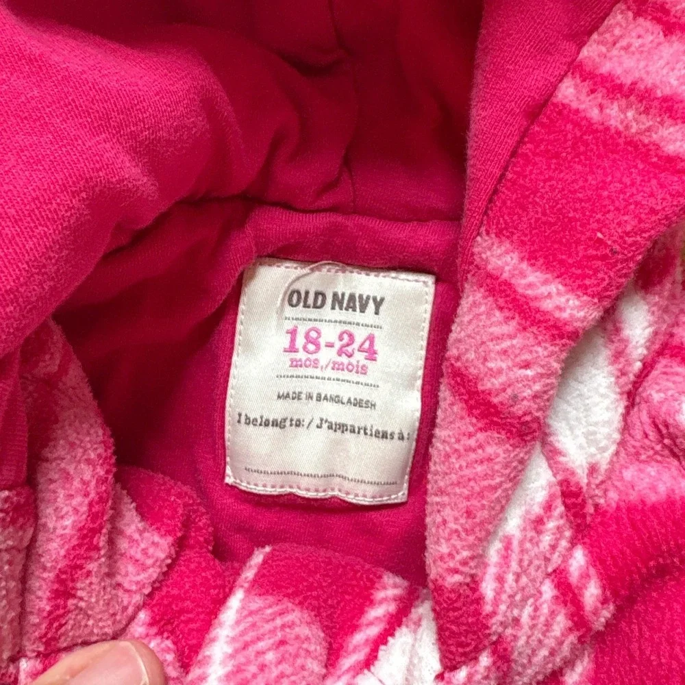 Old Navy Fleece Hooded‎ Coat Baby Girls Pink Plaid Excellent SIZE 18-24 Months